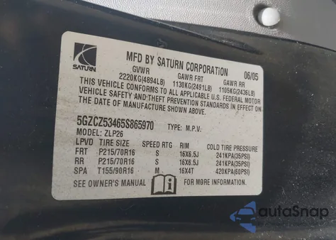 2005 Saturn Vue V6 z USA, uszkodzony, nr VIN 5GZCZ53465S865970